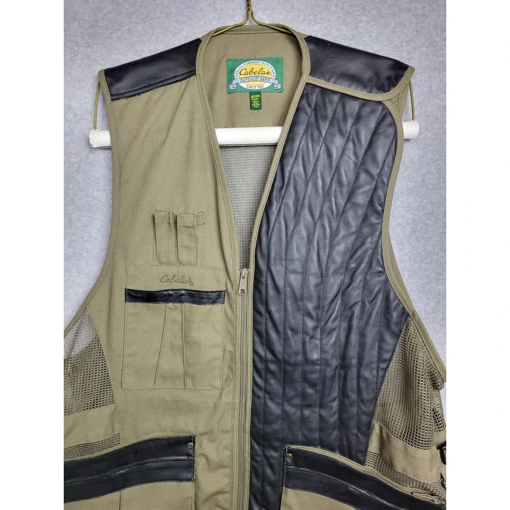Cabelas Mens 2XL Shooting Vest‎ Olive Canvas & Leather Recoil Pad Mesh Back
